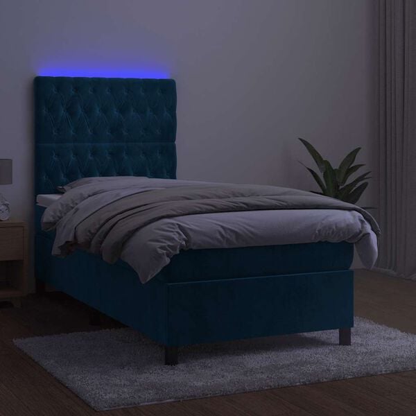 vidaXL Letto a Molle con Materasso e LED Blu Scuro 80x200cm in Velluto