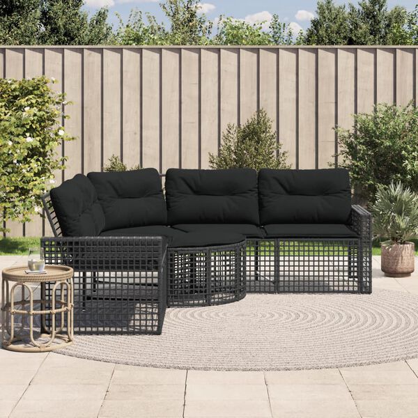 vidaXL Divano da Giardino a L con Cuscini e Pouf Nero in Polyrattan