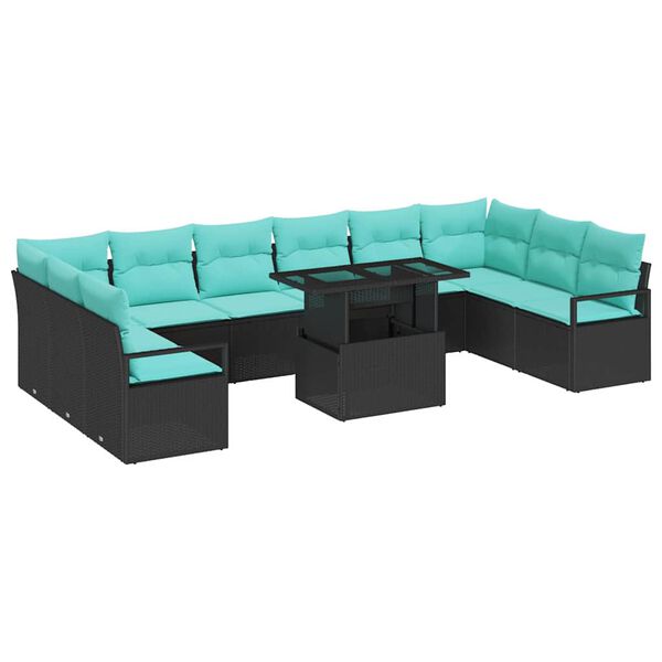 vidaXL Set Divano da Giardino con cuscino 11 pcs Nero e blu polyrattan