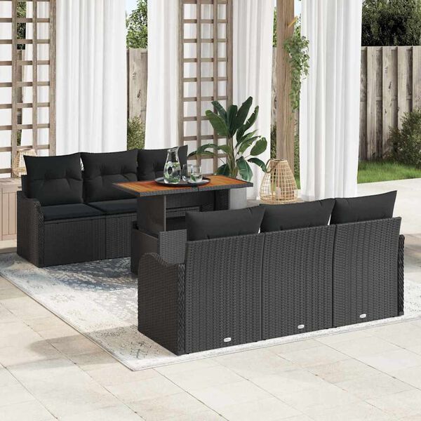 vidaXL Set Divano da Giardino con cuscino 7 pcs Nero polyrattan