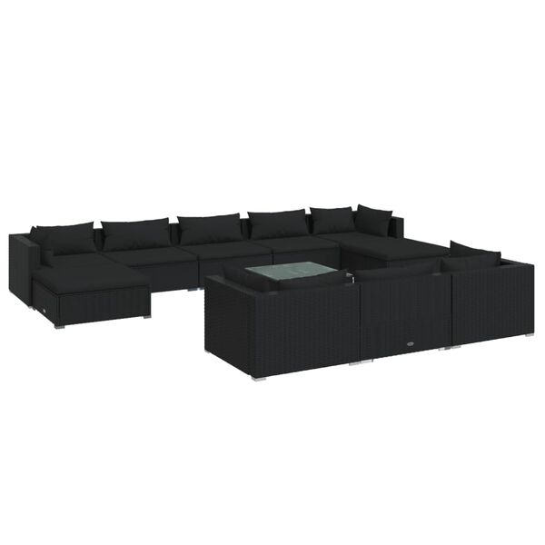 vidaXL Set Divani da Giardino 11 pz con Cuscini in Polyrattan Nero