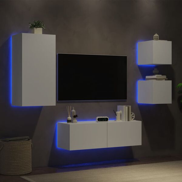 vidaXL Mobili TV a Muro 4pz con Luci LED Bianchi