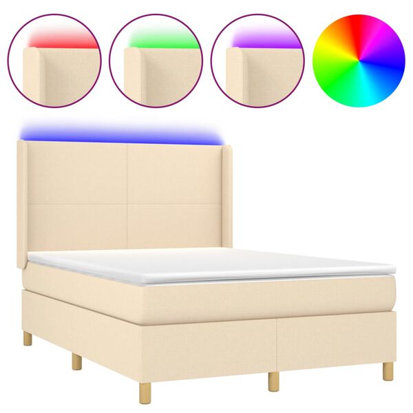 vidaXL Letto a Molle con Materasso e LED Crema 140x190 cm in Tessuto