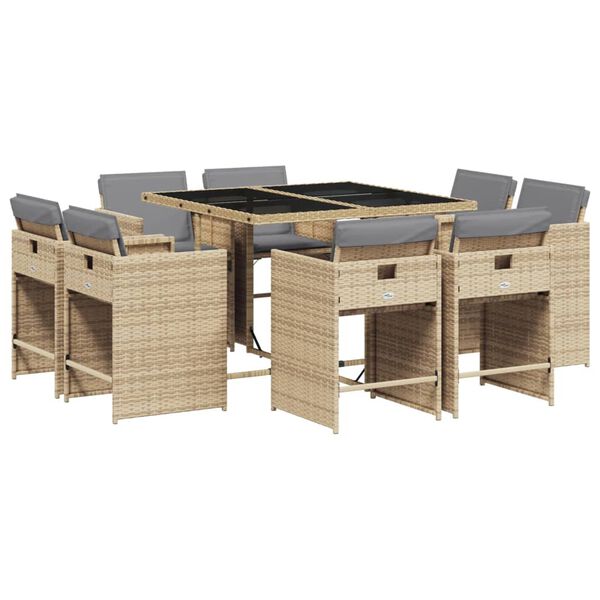 vidaXL Set Pranzo da Giardino 9 pz con Cuscini Beige Misto Polyrattan