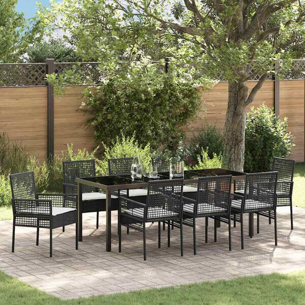 vidaXL Set da Pranzo per Giardino con cuscino 9 pcs Nero polyrattan