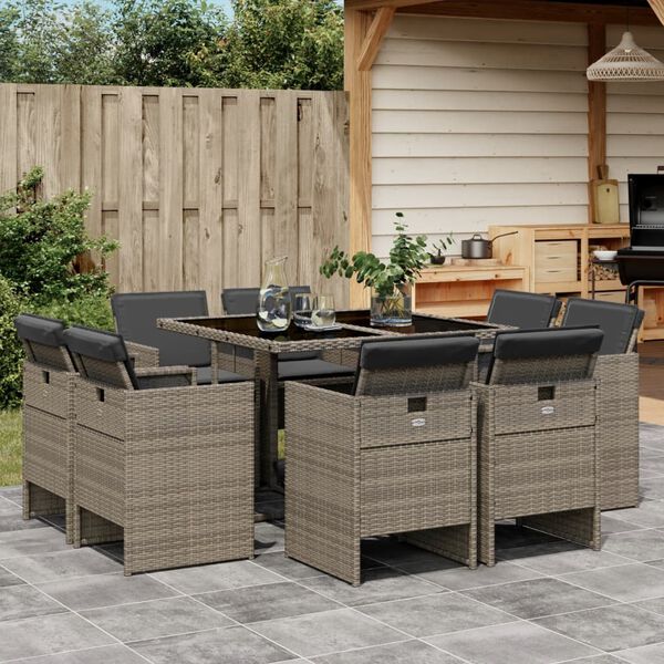 vidaXL Set da Pranzo da Giardino 9 pz con Cuscini in Polyrattan Grigio