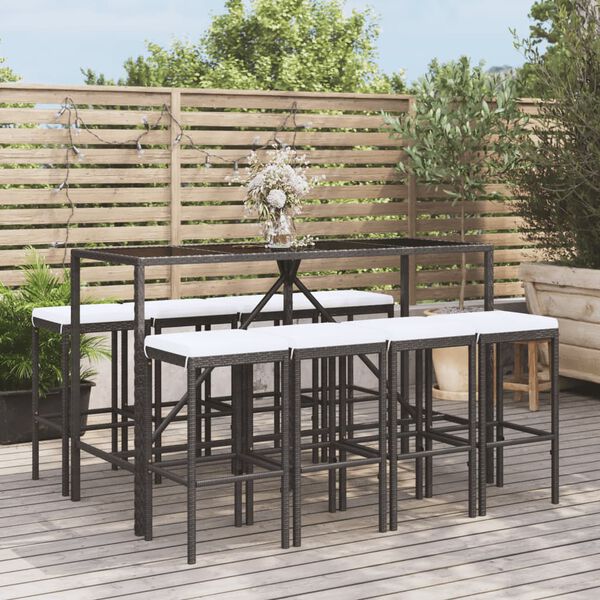 vidaXL Set Bar da Giardino 9 pz con Cuscini in Polyrattan Nero