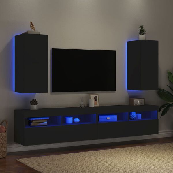 vidaXL Mobili TV a Parete con Luci LED 2pz Neri 30,5x35x70 cm