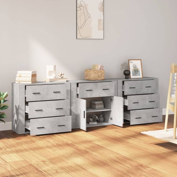 vidaXL Credenze 3 pz Grigio Cemento in Legno Multistrato