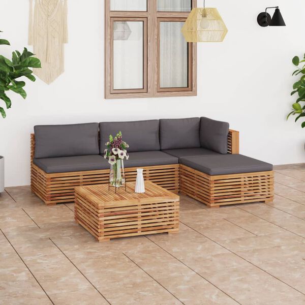 vidaXL Set Divani da Giardino 5 pz Cuscini Grigio Scuro Legno di Teak