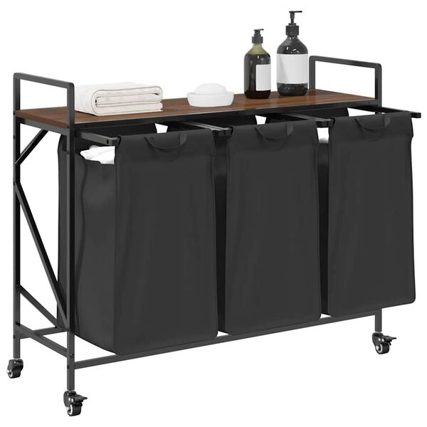 vidaXL Cesto della Biancheria 3 Scomparti con Ruote Rovere Marrone