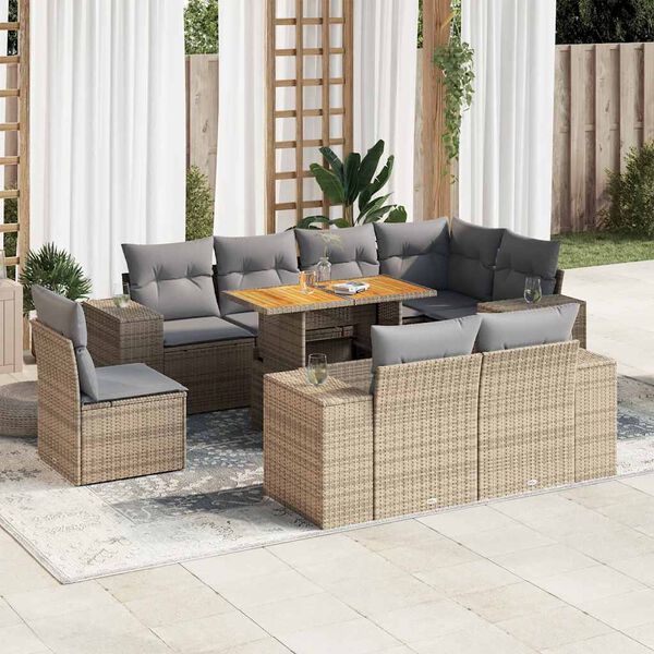 vidaXL Set Divano da Giardino 9 pz con Cuscini Beige in Polyrattan