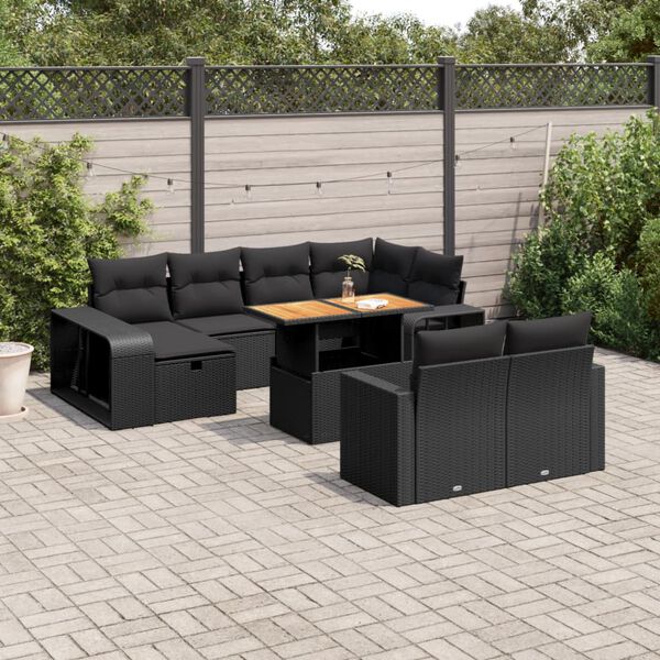 vidaXL Set Divani da Giardino 11 pz con Cuscini in Polyrattan Nero