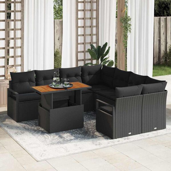 vidaXL Set Divano da Giardino con archiviazione 9 pcs Nero Poly Rattan