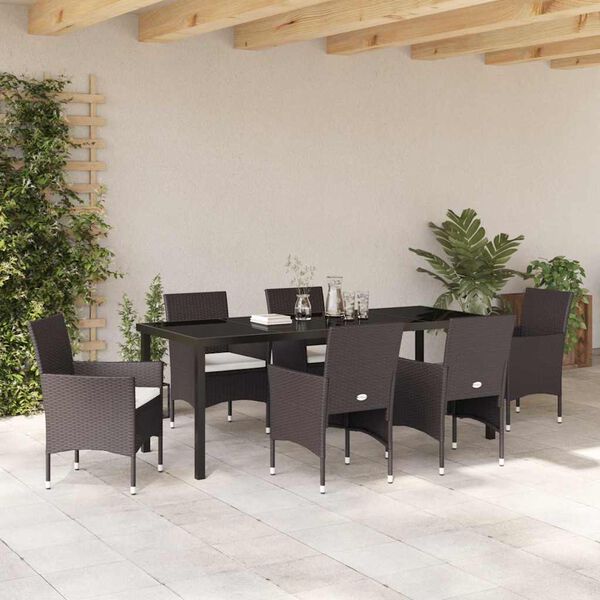 vidaXL Set da Pranzo per Giardino con cuscino 7 pcs Marrone polyrattan