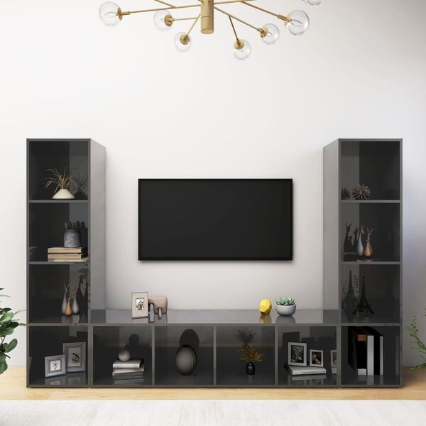 vidaXL Mobili TV 3 pz Grigio Lucido 142,5x35x36,5 cm Legno Multistrato