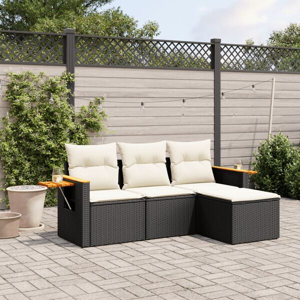 vidaXL Set Divani da Giardino 4 pz con Cuscini Nero in Polyrattan