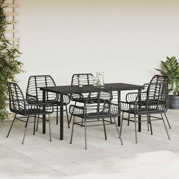 vidaXL Set Pranzo da Giardino 7 pz Nero Polyrattan Vetro