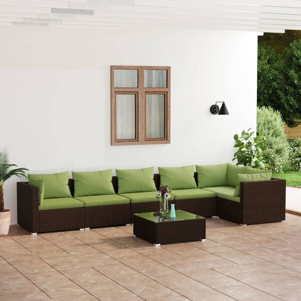 vidaXL Set Divani da Giardino 7 pz con Cuscini in Polyrattan Marrone