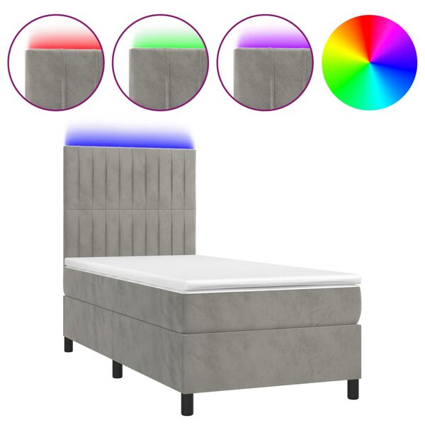vidaXL Letto a Molle Materasso e LED Grigio Chiaro 90x200 cm Velluto