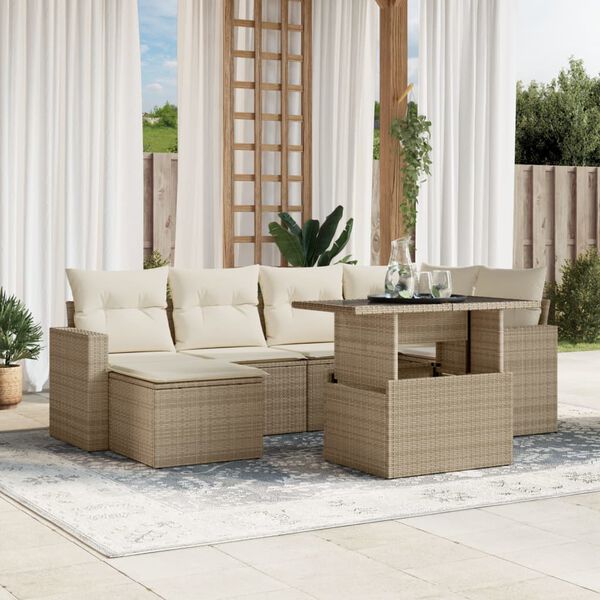 vidaXL Set Divani da Giardino 7 pz con Cuscini Beige in Polyrattan
