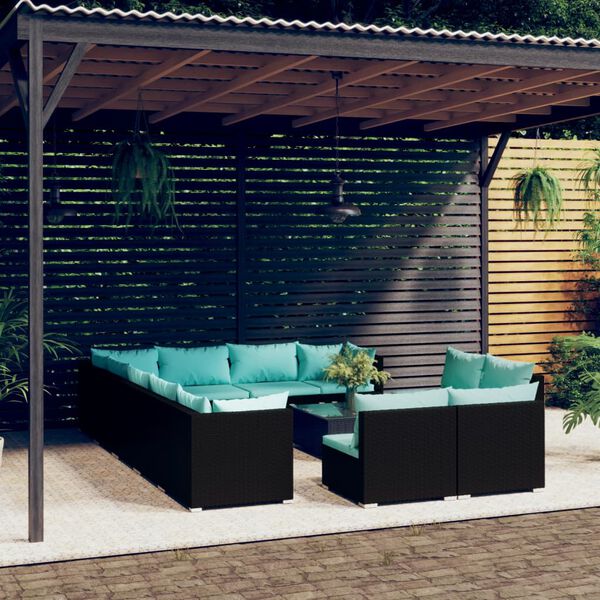 vidaXL Set Divani da Giardino 13 pz con Cuscini in Polyrattan Nero