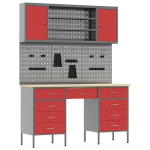 vidaXL Mobile da lavoro con cassetto 7 pz Rosso e Grigio