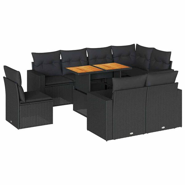 vidaXL Set Divani da Giardino 9 pz con Cuscini Nero in Polyrattan
