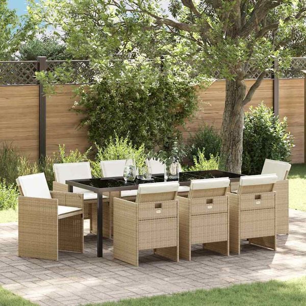 vidaXL Set da Pranzo per Giardino con cuscino 9 pcs Beige polyrattan