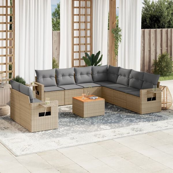 vidaXL Set Divano da Giardino 10 pz con Cuscini Beige Misto Polyrattan