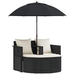 vidaXL Lettino da Giardino con Ombrellone Nero in Polyrattan