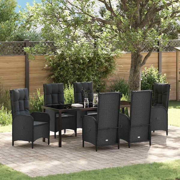 vidaXL Set da Pranzo per Giardino con cuscino 7 pcs Nero polyrattan