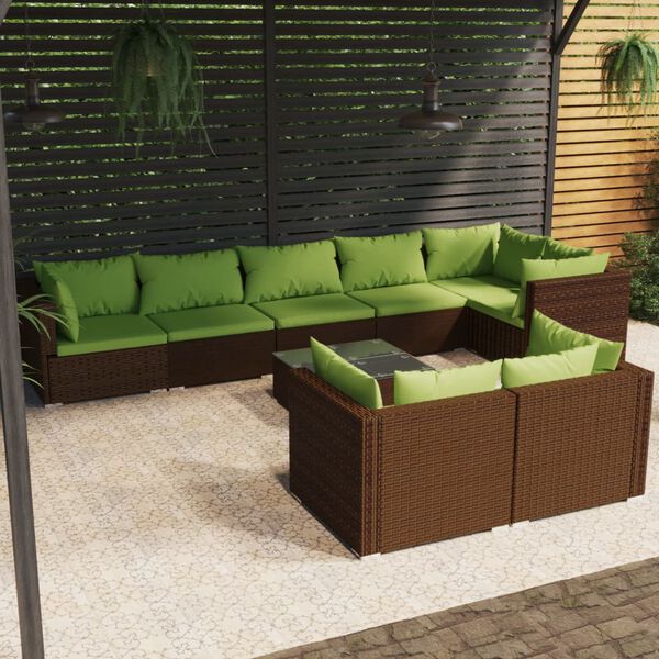 vidaXL Set Divani da Giardino 9 pz con Cuscini in Polyrattan Marrone