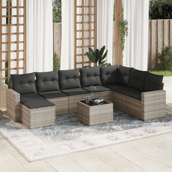 vidaXL Set Divano da Giardino 9pz con Cuscini Grigio Chiaro Polyrattan