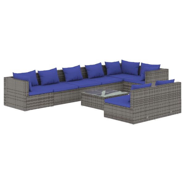 vidaXL Set Divani da Giardino 9 pz con Cuscini in Polyrattan Grigio