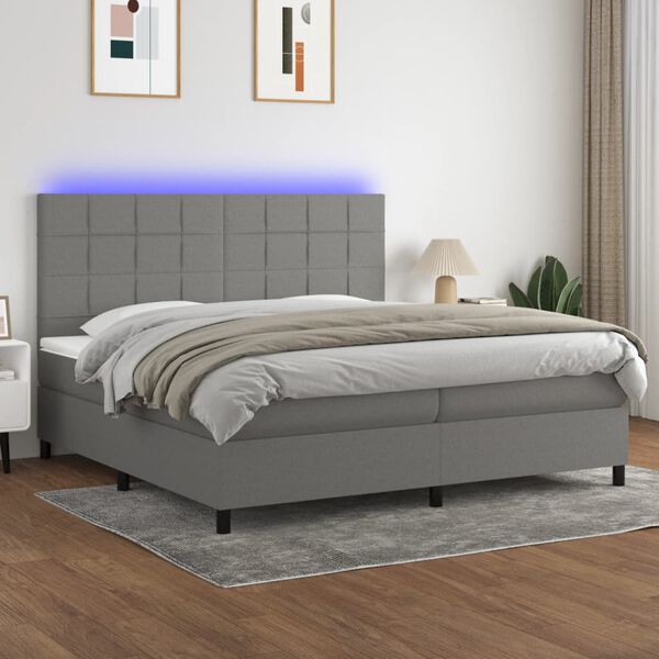 vidaXL Letto a Molle Materasso e LED Grigio Scuro 200x200cm in Tessuto