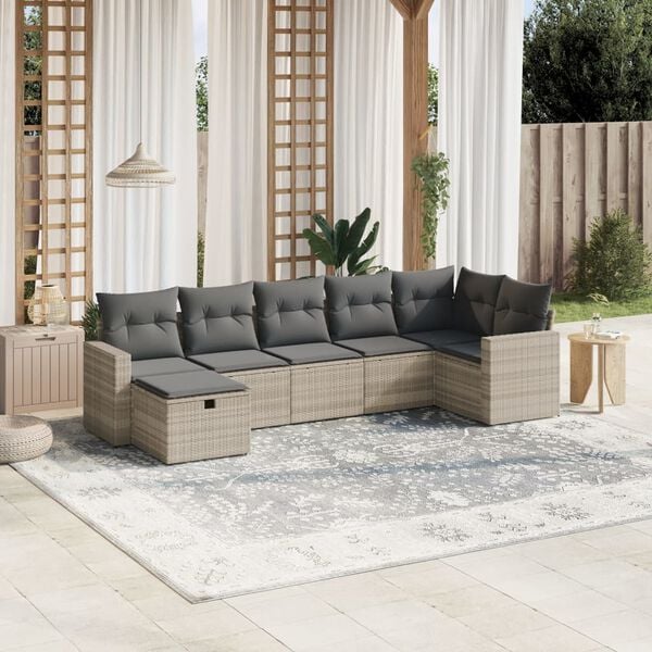 vidaXL Set Divani da Giardino 7pz con Cuscini Grigio Chiaro Polyrattan