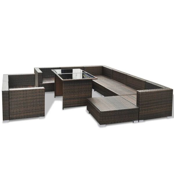 vidaXL Set Divani da Giardino 10 pz con Cuscini in Polyrattan Marrone