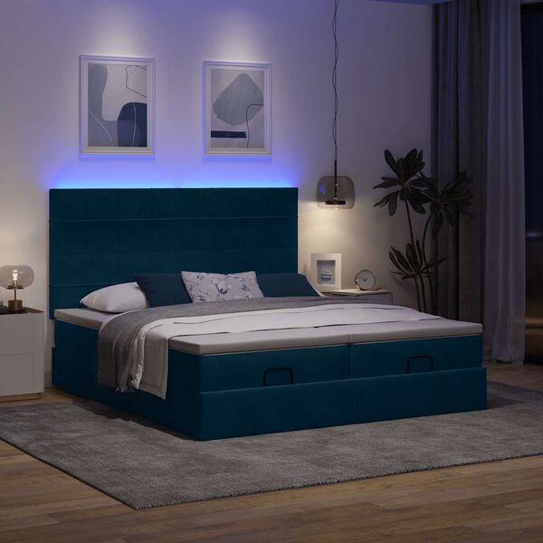 vidaXL Pouf Letto con Materassi e LED Blu Scuro 200x200cm Velluto