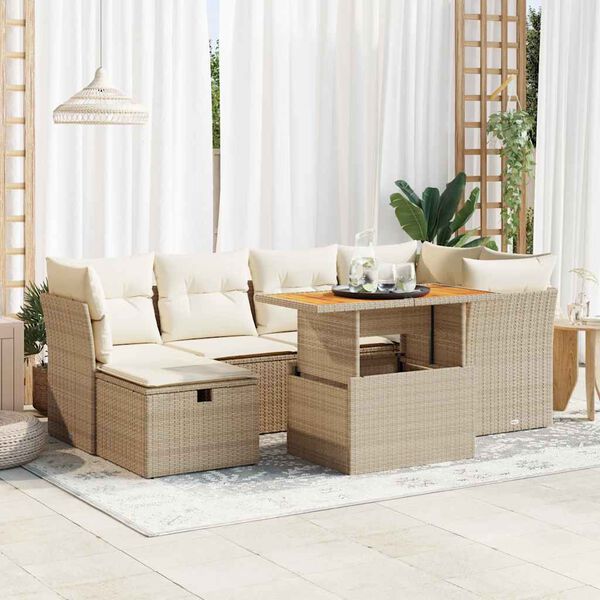 vidaXL Set Divani da Giardino 7 pz con Cuscini Beige Polyrattan Acacia