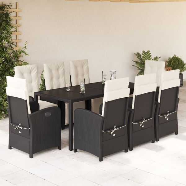 vidaXL Set da Pranzo da Giardino 9 pz con Cuscini Nero in Polyrattan