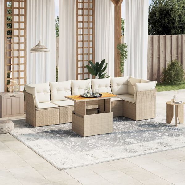 vidaXL Set Divani da Giardino 7 pz con Cuscini Beige in Polyrattan