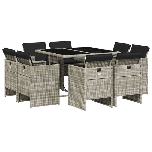 vidaXL Set Pranzo da Giardino 9pz con Cuscini Grigio Chiaro Polyrattan