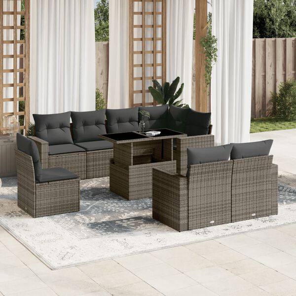 vidaXL Set Divano da Giardino 9 pz con Cuscini Grigio in Polyrattan