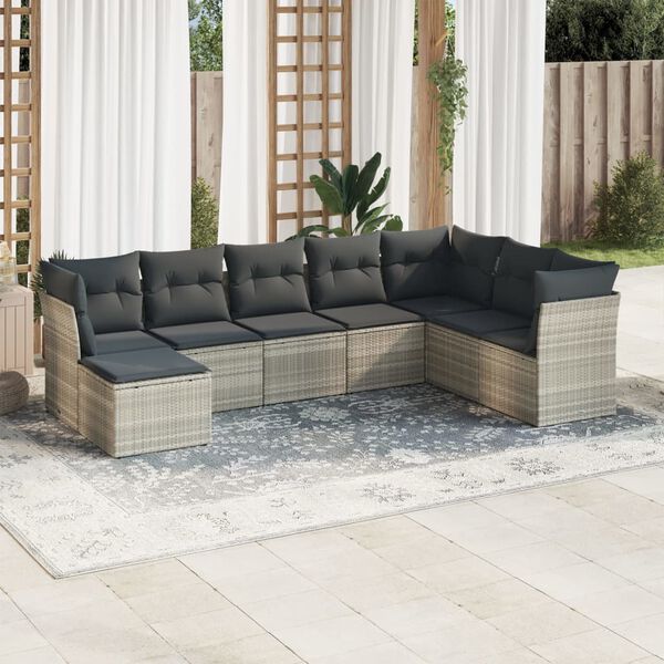 vidaXL Set Divano da Giardino 8pz con Cuscini Grigio Chiaro Polyrattan
