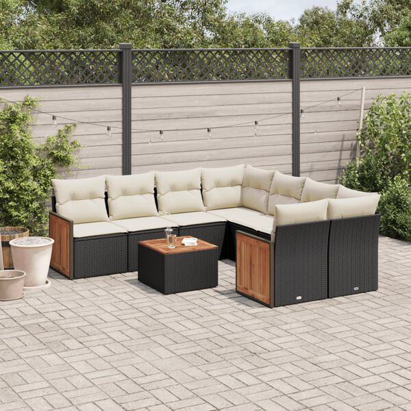 vidaXL Set Divani da Giardino 9 pz con Cuscini Nero in Polyrattan