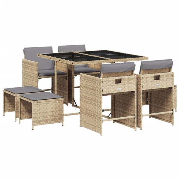 vidaXL Set Pranzo da Giardino 9 pz con Cuscini Beige Misto Polyrattan