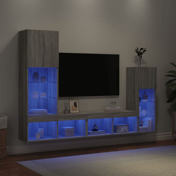 vidaXL Mobili TV a Muro con LED 4pz Grigio Sonoma in Legno Multistrato