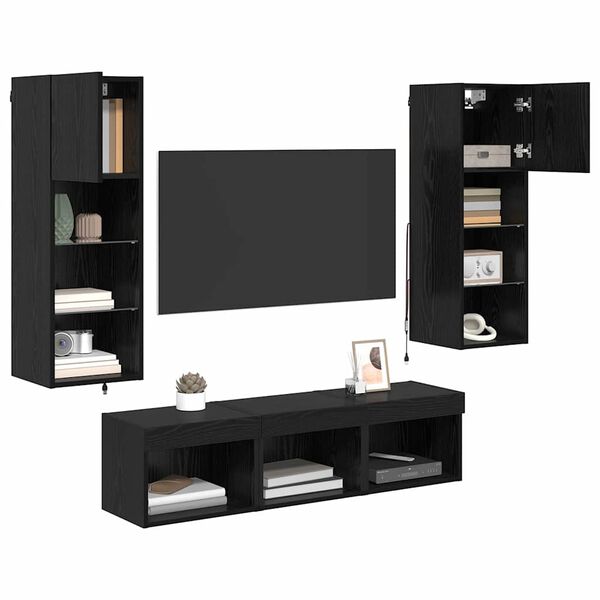 vidaXL Unit&agrave; per TV a Muro 5 pcs Rovere Nero Legno multistrato