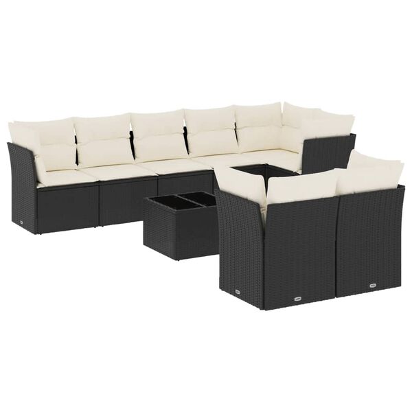 vidaXL Set Divani da Giardino 9 pz con Cuscini Nero in Polyrattan